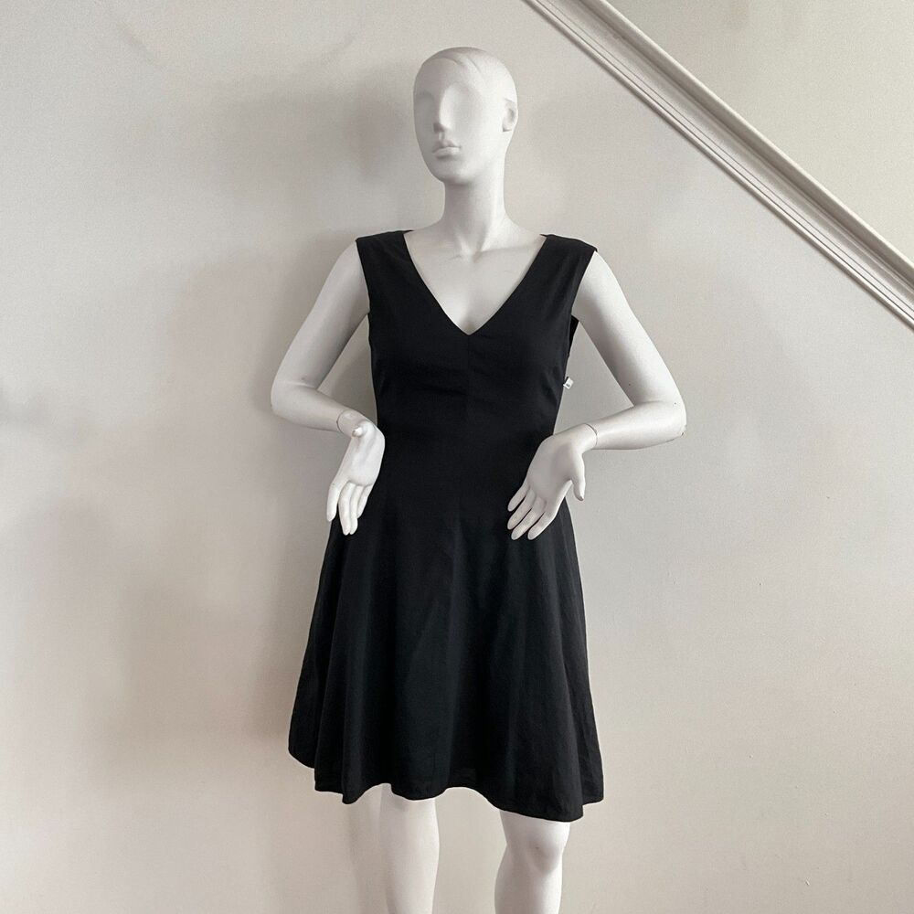 Linen Blend Theory Fit & Flare Dress 8 Black Sleeveless V-neck Pockets 8 - Picture 6 of 8